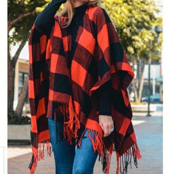 ❤ Buffalo Check Plaid Tassle Poncho Blanket Scarf - Picture 2 of 6